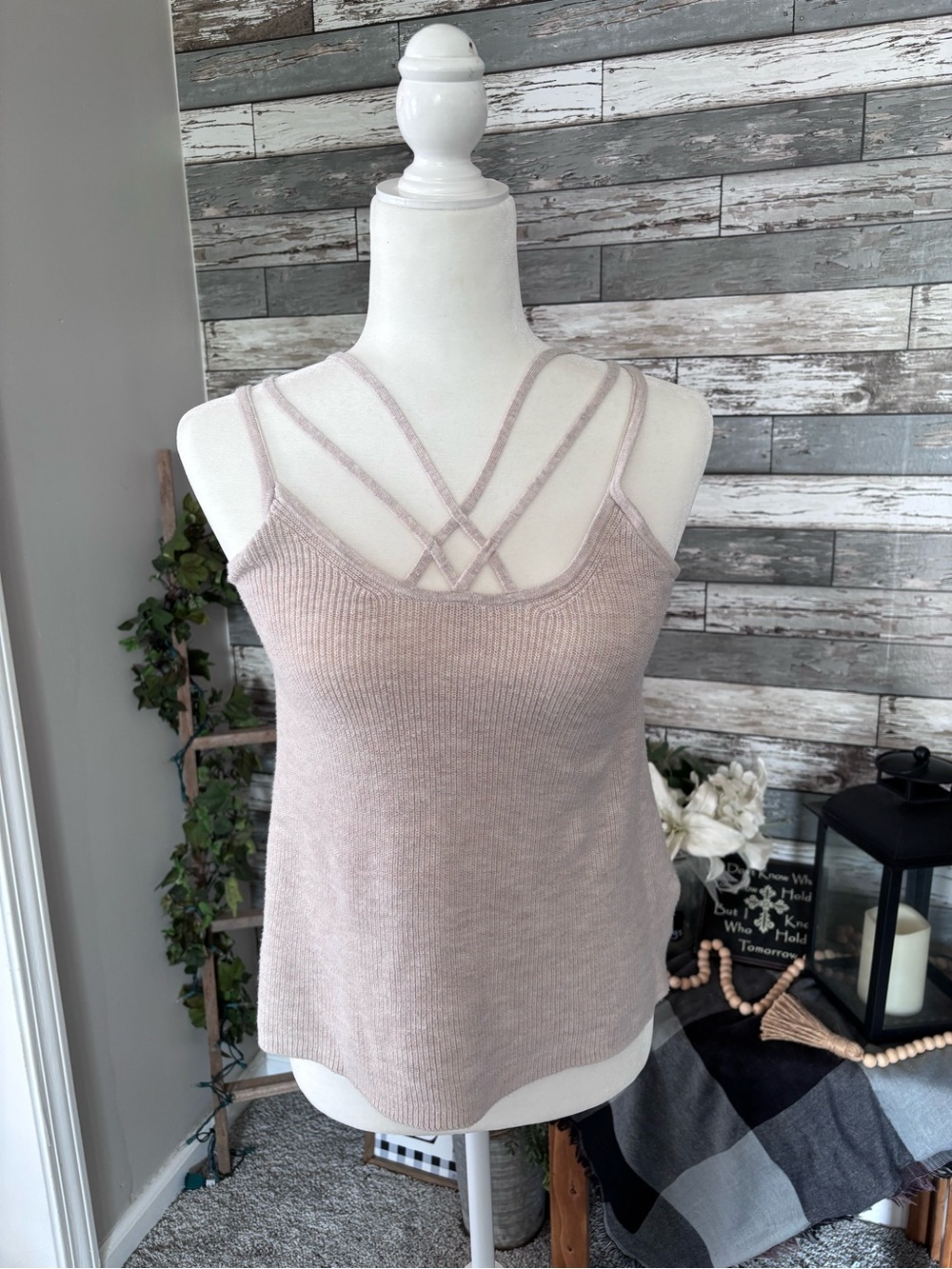 American Eagle Boho Criss Cross Strappy Sweater Tank Top Oatmeal Beige Womens S